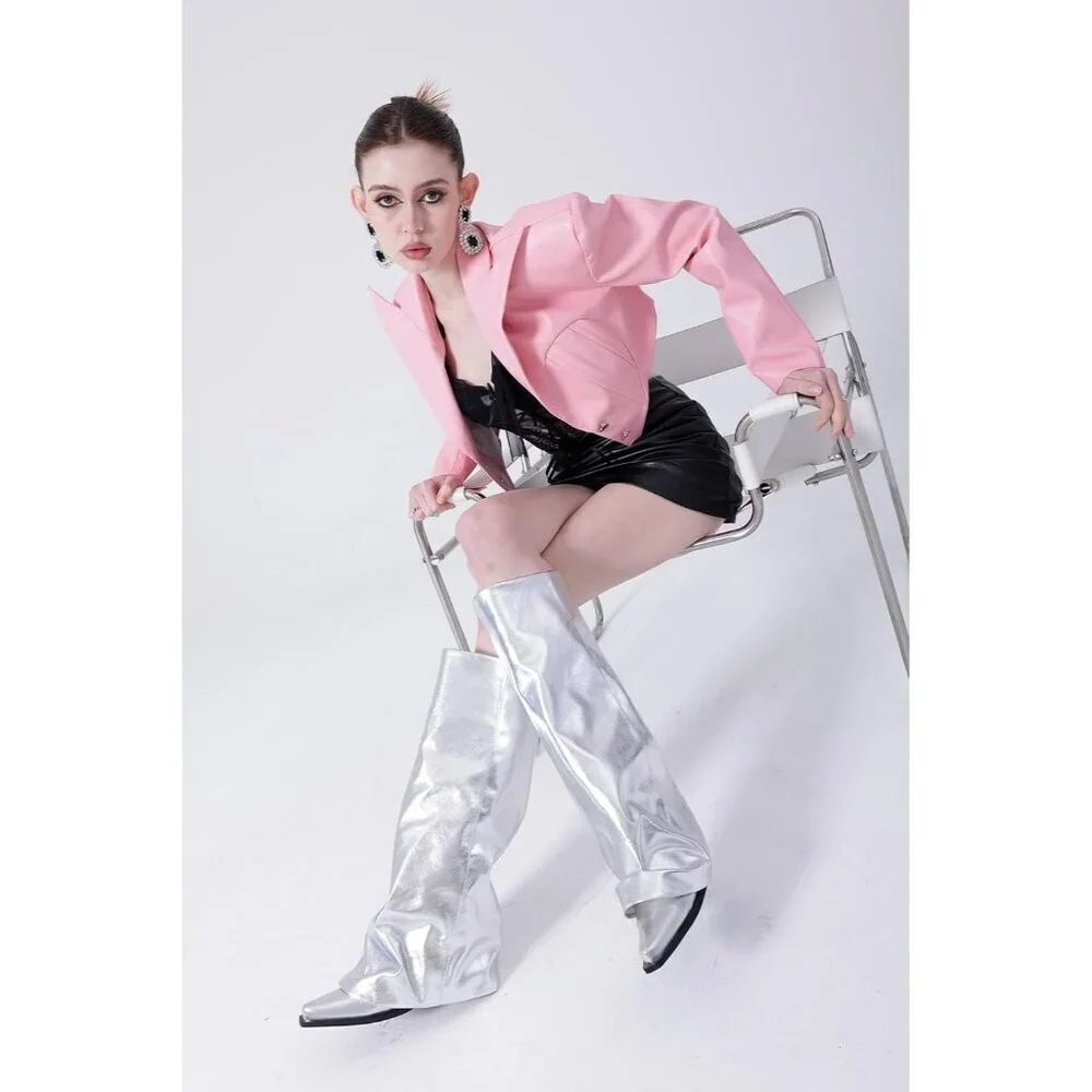 Women Silver Wide Calf Slouchy Shark Pointed Toe Fold Over Knee High Tall Boots